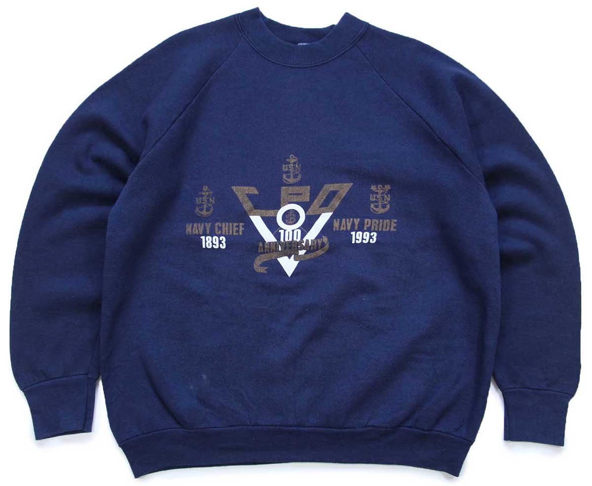 \u003cBR\u003e90s USA製 USN CPO 100 ANIVERSARY NAVY CHIEF NAVY PRIDE 流汗 紺 L【中古】
