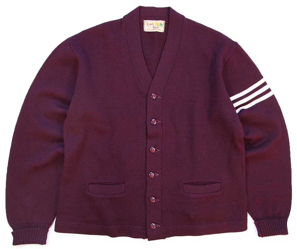 50s Lamb Knit ウールニット レタードカーディガン ワインレッド【中古】