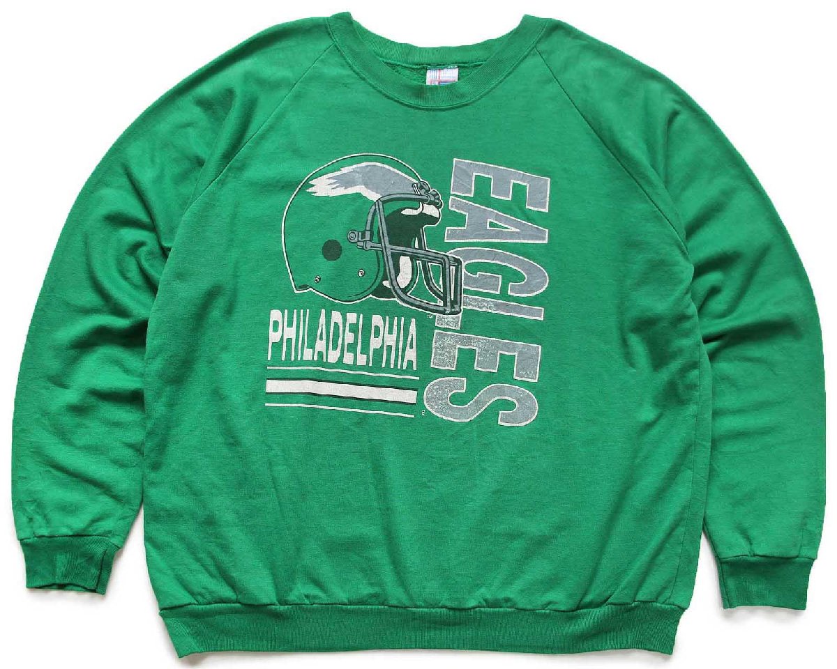 80s USA製 NFL PHILADELPHIA EAGLES アメフト ひび割れプリント スウェット 緑 XL【中古】