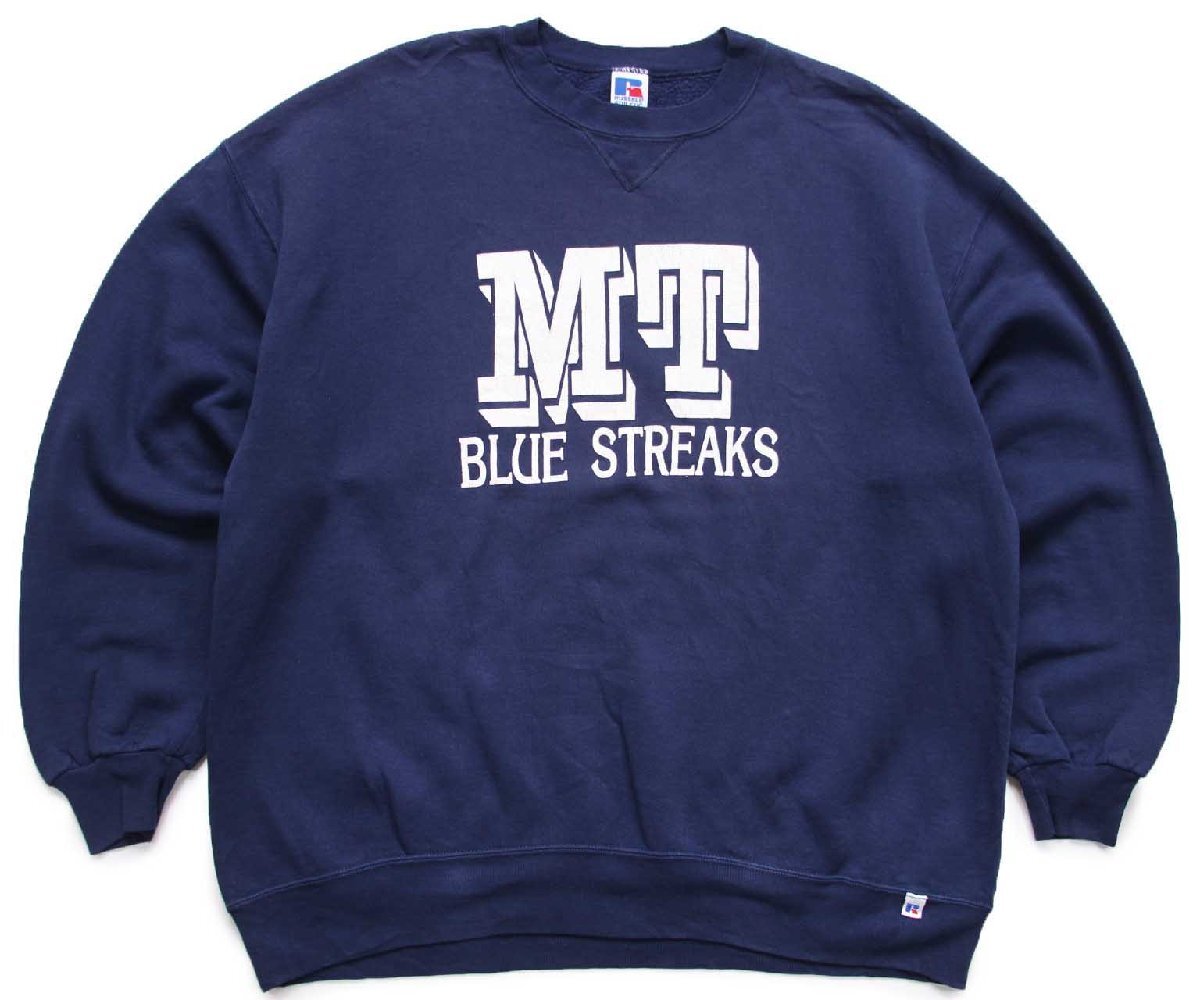 90s USA製 RUSSELLラッセル MT BLUE STREAKS ひび割れプリント 前V スウェット 紺 XXL★特大【中古】