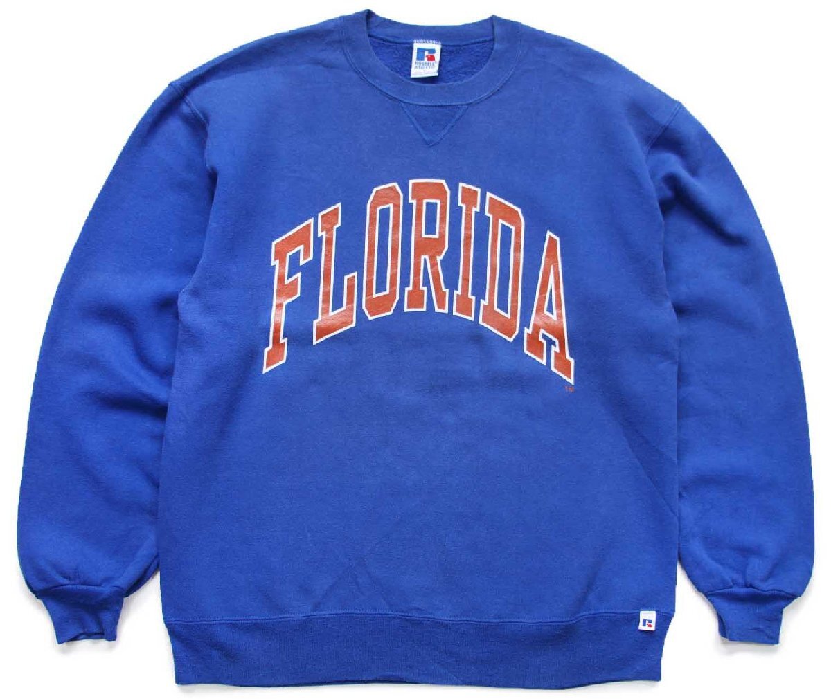 \u003cBR\u003e90s USA製 RUSSELLラッセル FLORIDA 前V 流汗 青 L【中古】