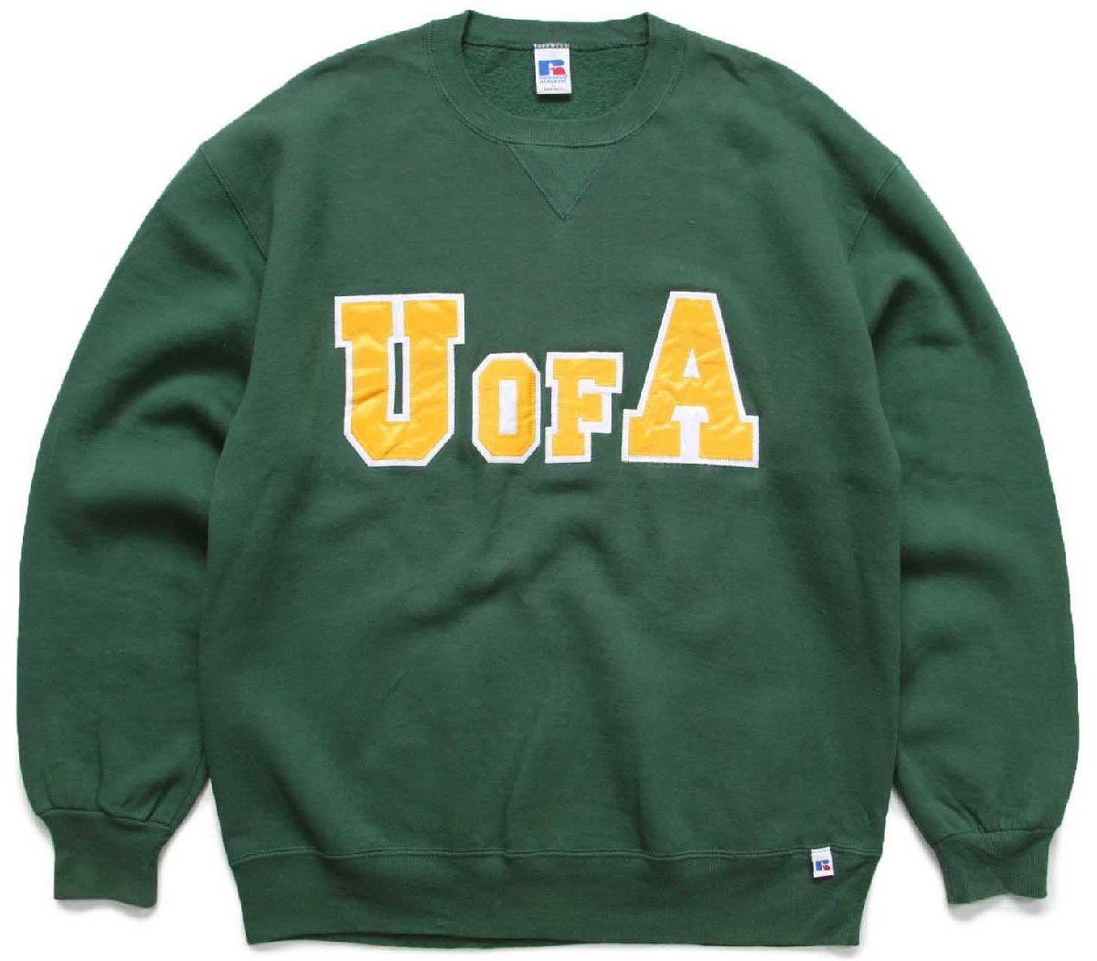 90s USA製 RUSSELLラッセル U OF A アップリケ 前V スウェット 緑 L【中古】
