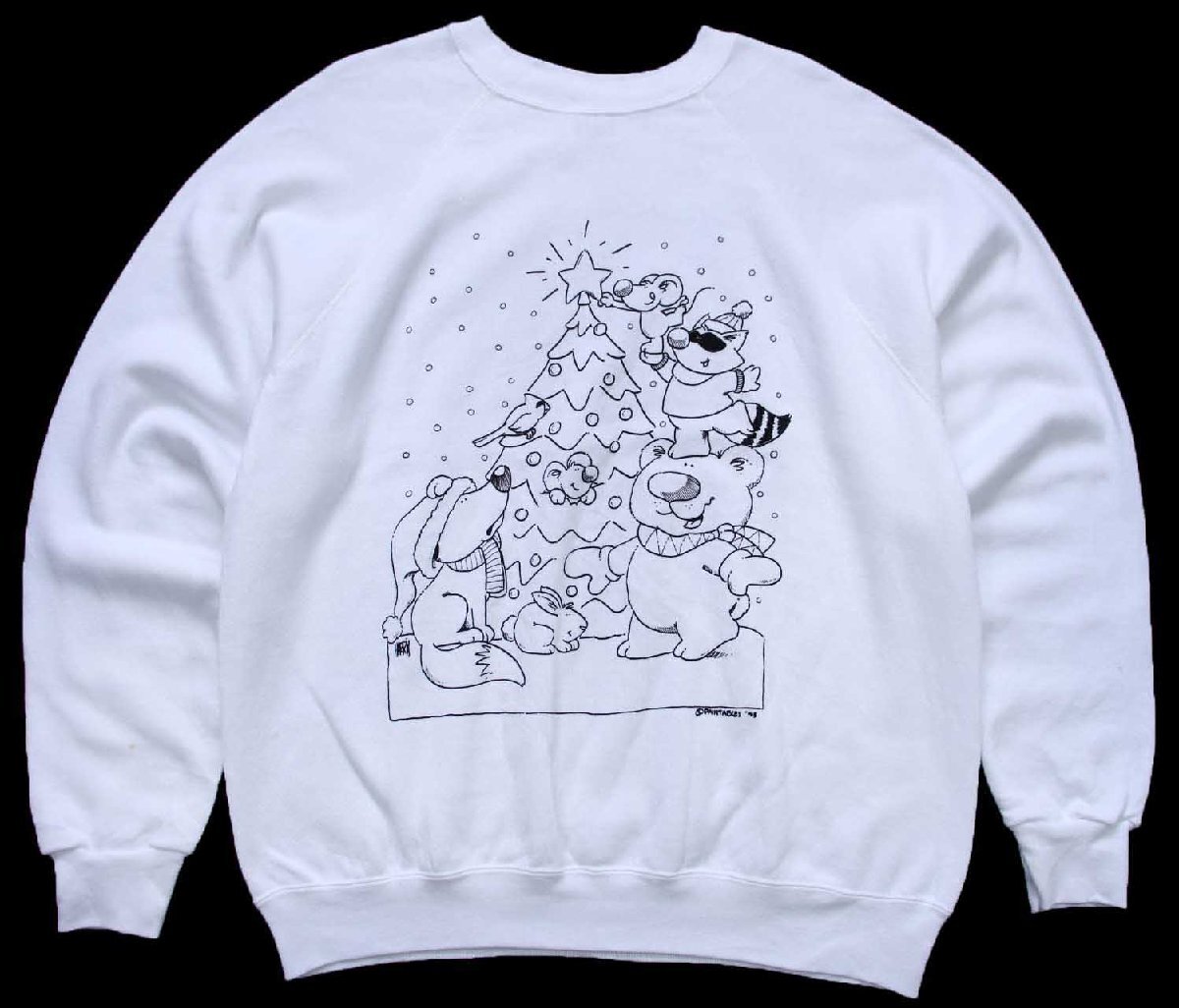 90s USA製 TULTEX PAINTABLES クリスマスツリー イラスト ぬりえ スウェット 白 L【中古】