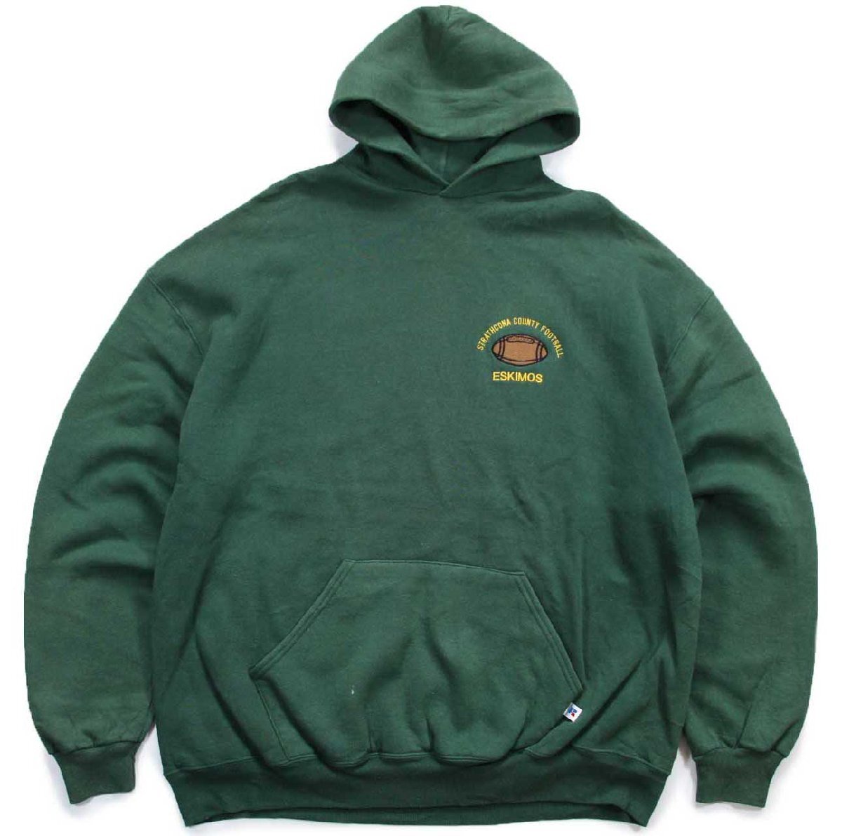 \u003cBR\u003e90s RUSSELLラッセル STRATHCONA COUNTY FOOTBALL ESKIMOS 鎧球刺しゅう スウェットパーカー 緑 フェイド XXL★特大 フーディー 【中古】