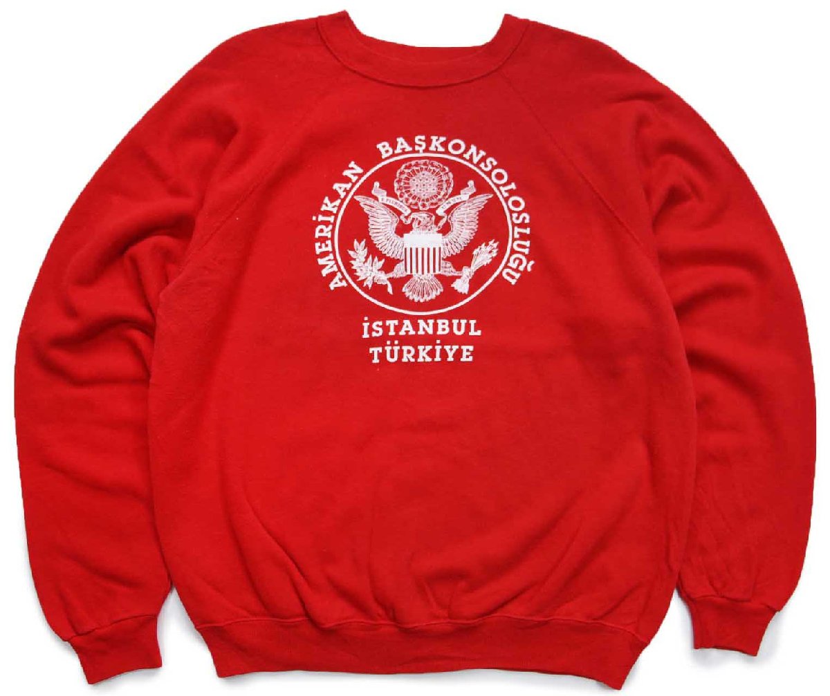\u003cBR\u003e80s USA製 Hanes AMERIKAN BASKONSOLOSLUGU 亜米利加総領事館 ロゴタイプ 流汗 赤 XL【中古】