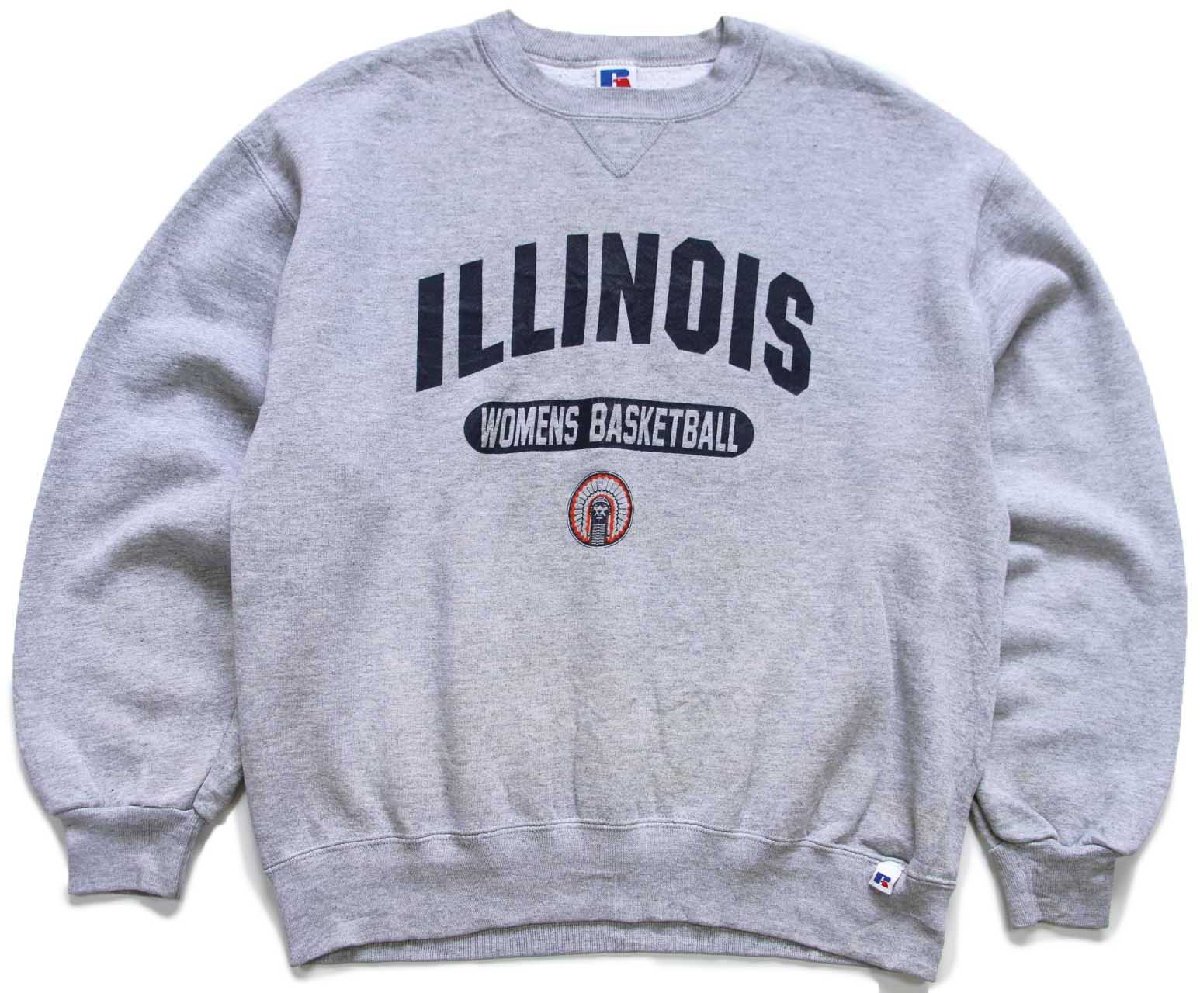 \u003cBR\u003e90s USA製 RUSSELLラッセル ILLINOIS WOMENS BASKETBALL 北米インディアン上端 ロゴタイプ 前V 流汗 杢薄墨色 L【中古】