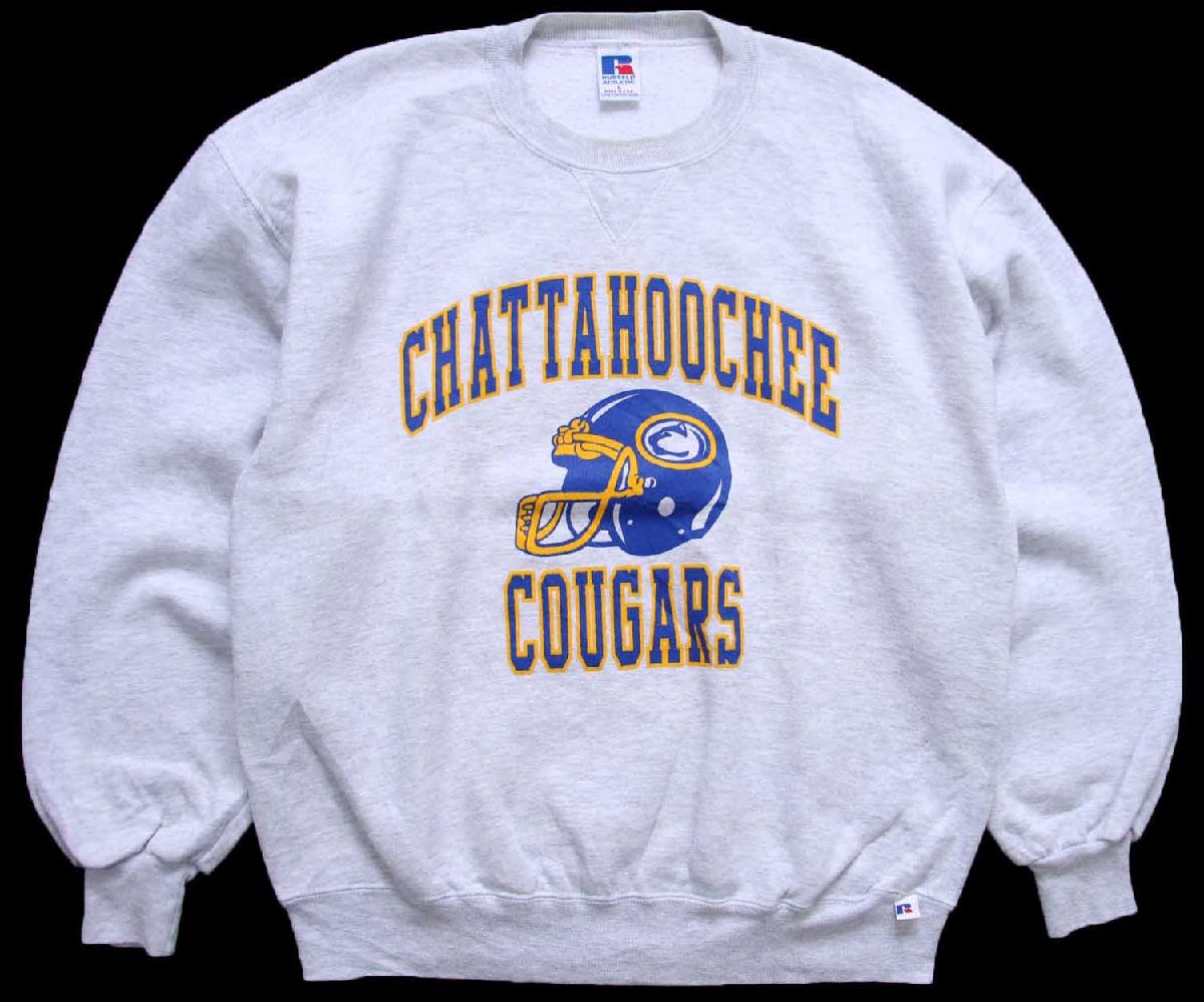 \u003cBR\u003e90s USA製 RUSSELLラッセル CHATTAHOOCHEE COUGARS 鎧球 前V 流汗 杢ともし火薄墨色 L【中古】