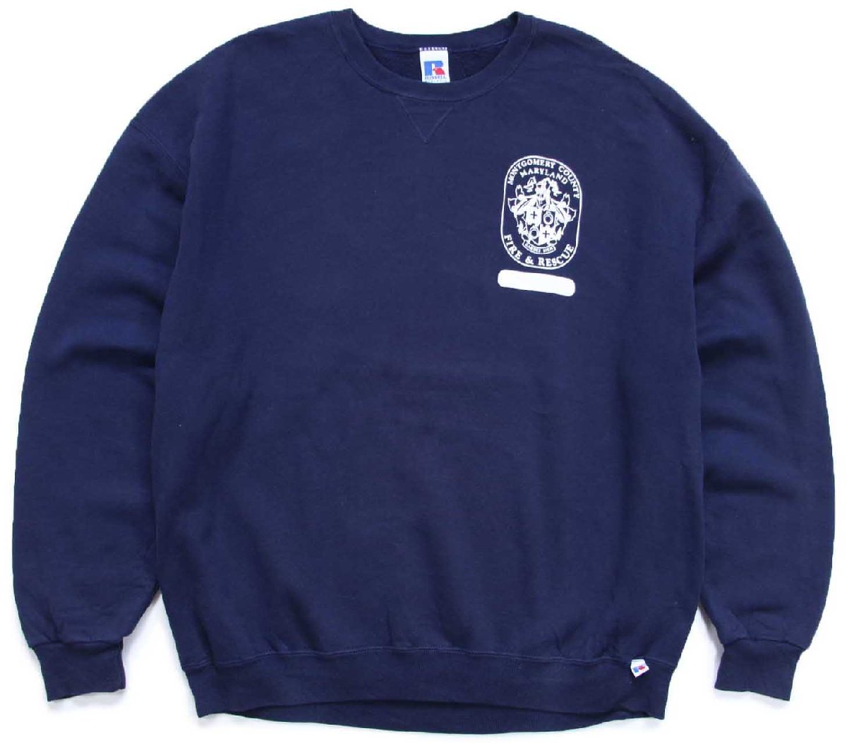 90s メキシコ製 RUSSELLラッセル MONTGOMERY COUNTY MARYLAND FIRE&RESCUE DFRS 両面プリント 前V スウェット 紺 XXL★特大【中古】