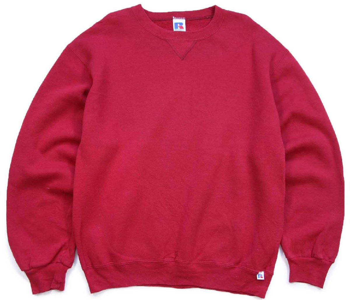 90s メキシコ製 RUSSELLラッセル 無地 前V スウェット 濃赤 M★ブランク 【中古】