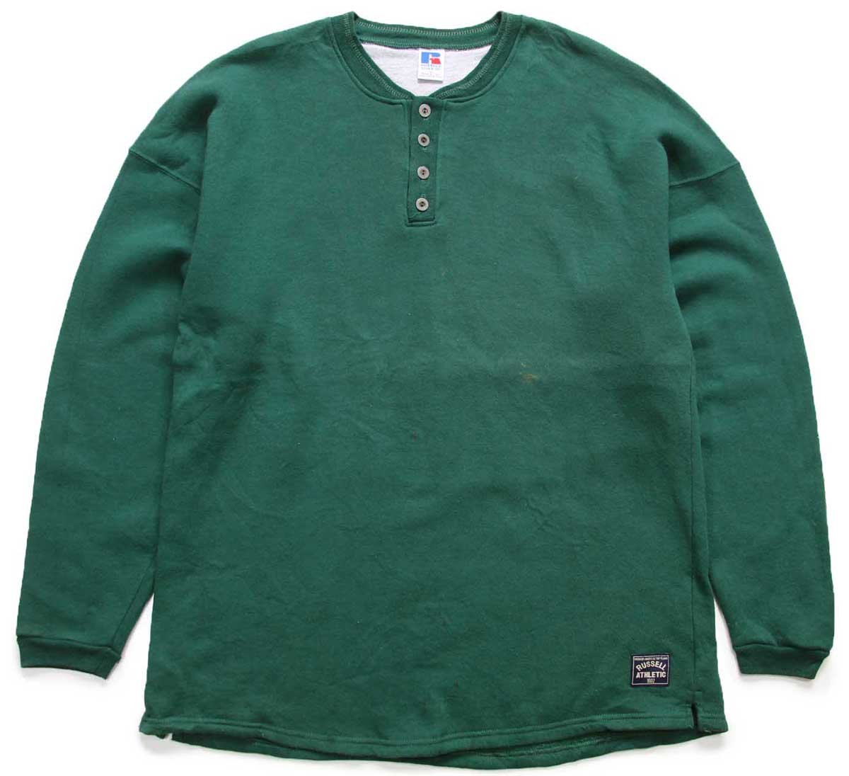 90s USA製 RUSSELLラッセル 無地 ヘンリーネック スウェット 緑 XL★ブランク 【中古】