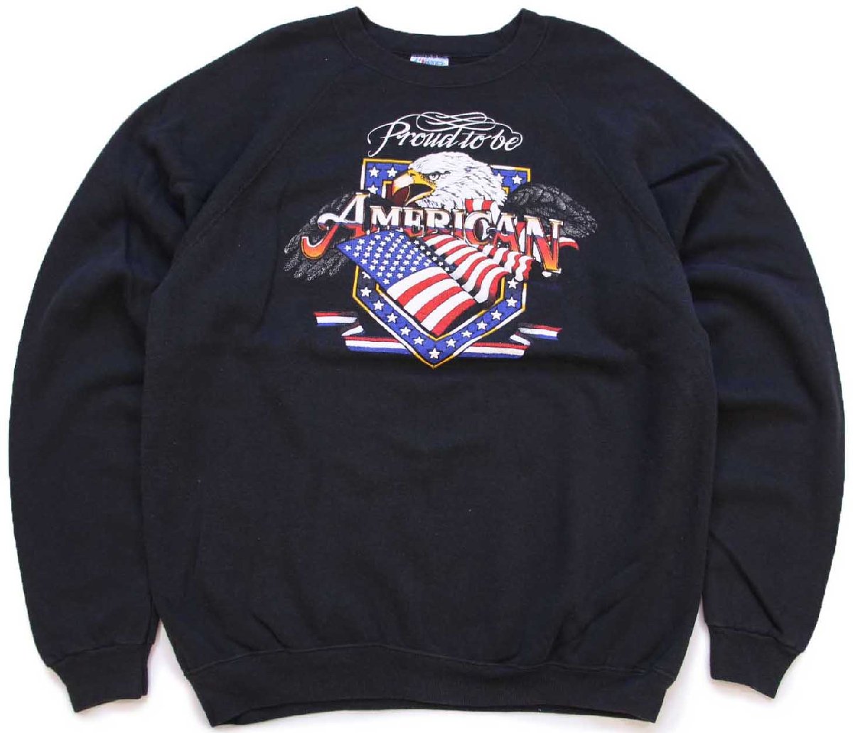 80s USA製 Hanes Proud to be AMERICAN イーグル 星条旗 発泡プリント スウェット 黒 XL【中古】