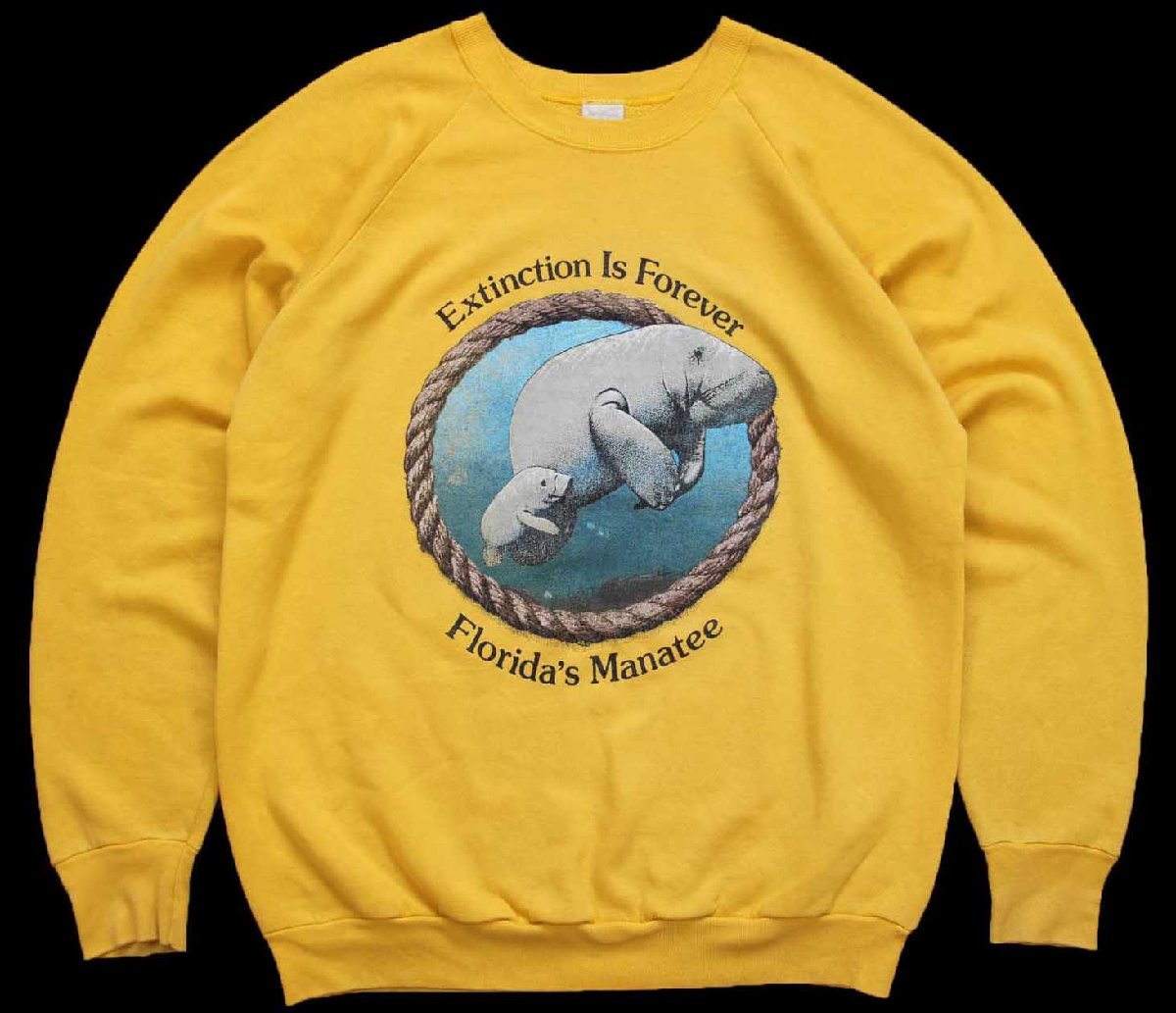 \u003cBR\u003e80s USA製 Extinction Is Forever Florida\u0027s Manatee マナティ 工芸 流汗 濃黄 XL【中古】