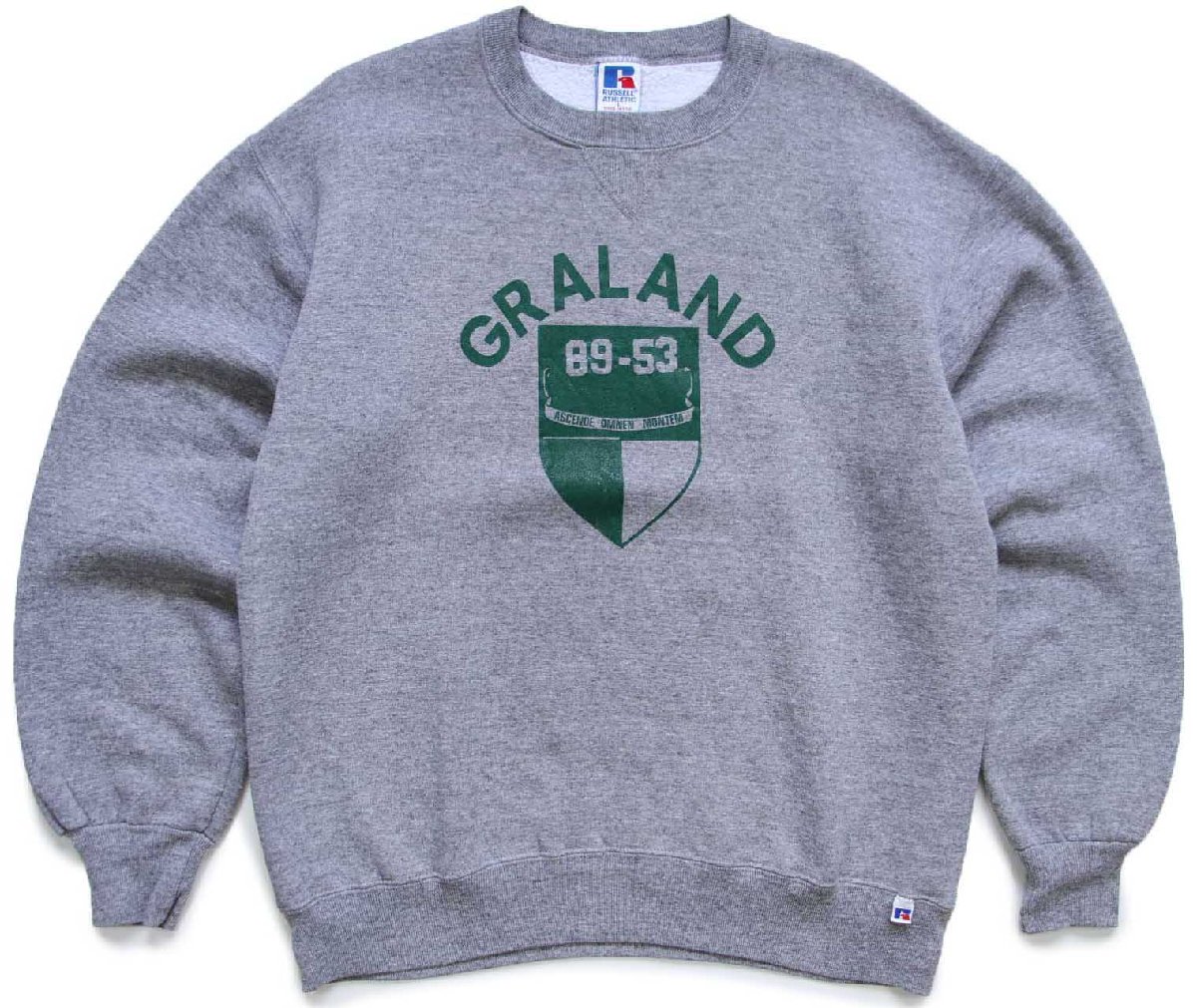 \u003cBR\u003e90s USA製 RUSSELLラッセル GRALAND 前V 汗水 杢薄墨色 L【中古】