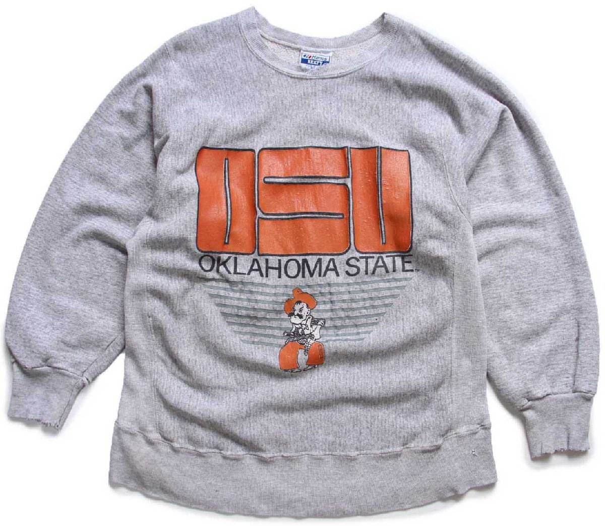 \u003cBR\u003e80s USA製 Hanes OSU OKLAHOMA STATE マスコット 絵の具飛び リバースウィーブ 流汗 杢薄墨色 L【中古】