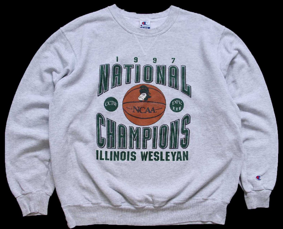 \u003cBR\u003e90s メキシコ合衆国製 Championはやりっ児 NCAA ILLINOIS WESLEYAN 前V 汗水 杢薄墨色 XL【中古】