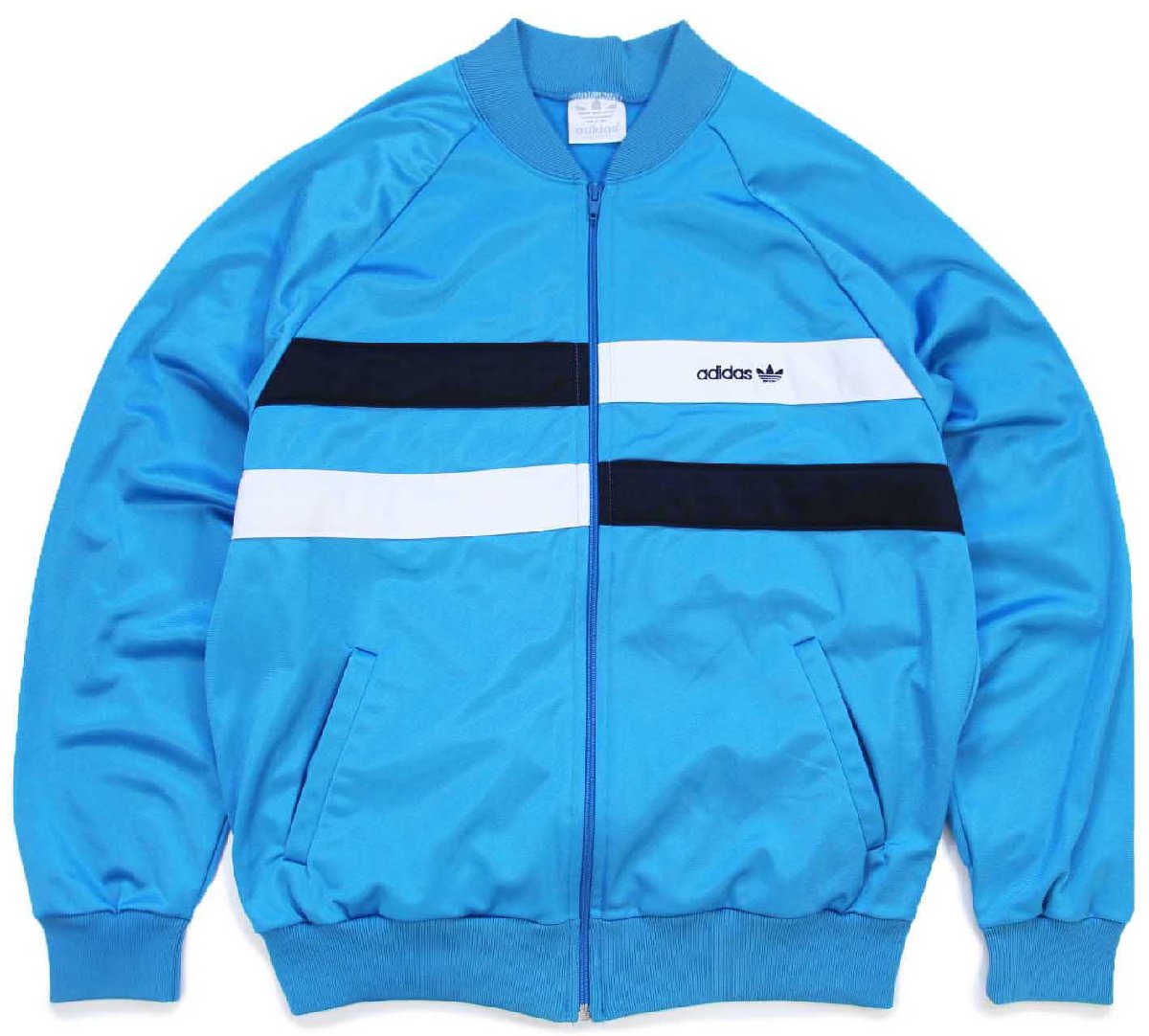 \u003cBR\u003e80s USA製 adidasアディダス トレフォイル ロゴタイプ刺しゅう 貨物自動車上衣 ともし火青碧 L★ティーシャツ【中古】