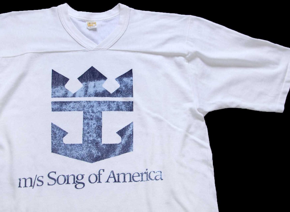 \u003cBR\u003e80s USA製 Velva Sheen m/s Song of America Royal Caribbean ロゴタイプ Vのど首 綿織物×ナイロン アスレチックプルオーバー 白 L【中古】