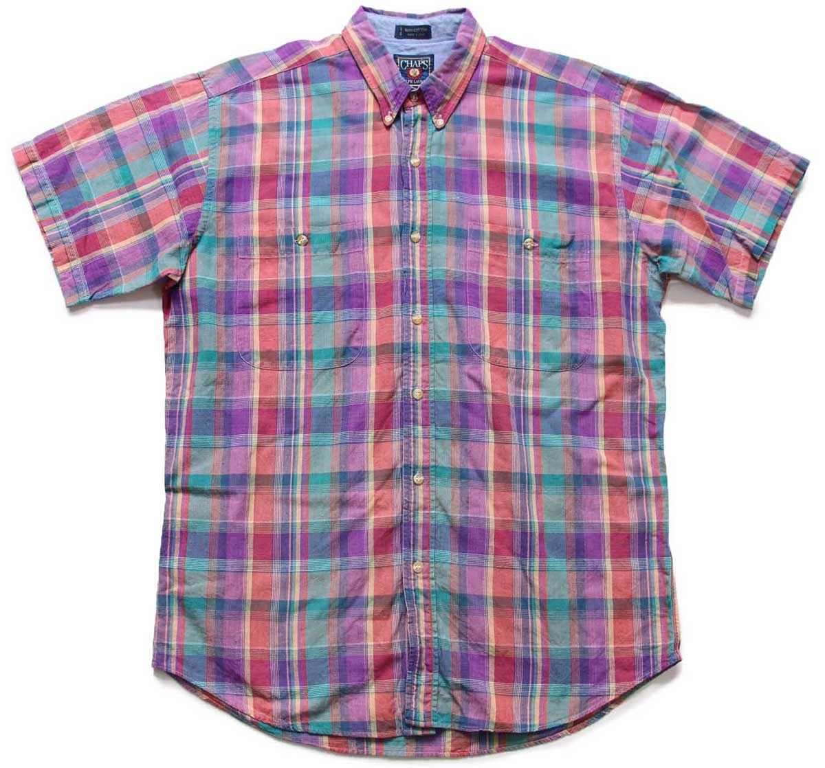 90s CHAPS ラルフローレン マドラスチェック ボタンダウン 半袖 コットンシャツ L★インド綿【中古】