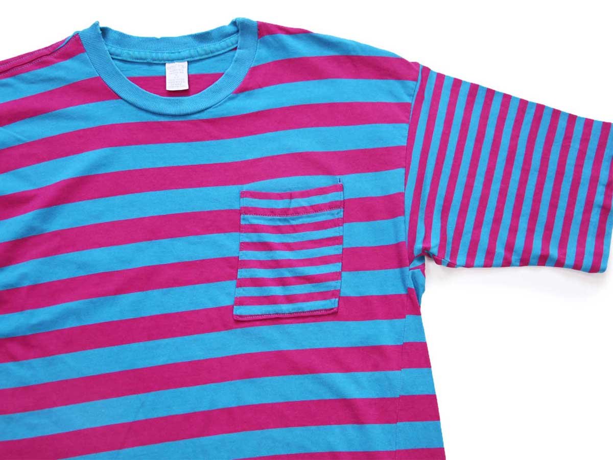 90s USA製 LANDS'ENDランズエンド 太ボーダー 切り替え ポケット付き コットンTシャツ 青×濃ピンク【中古】