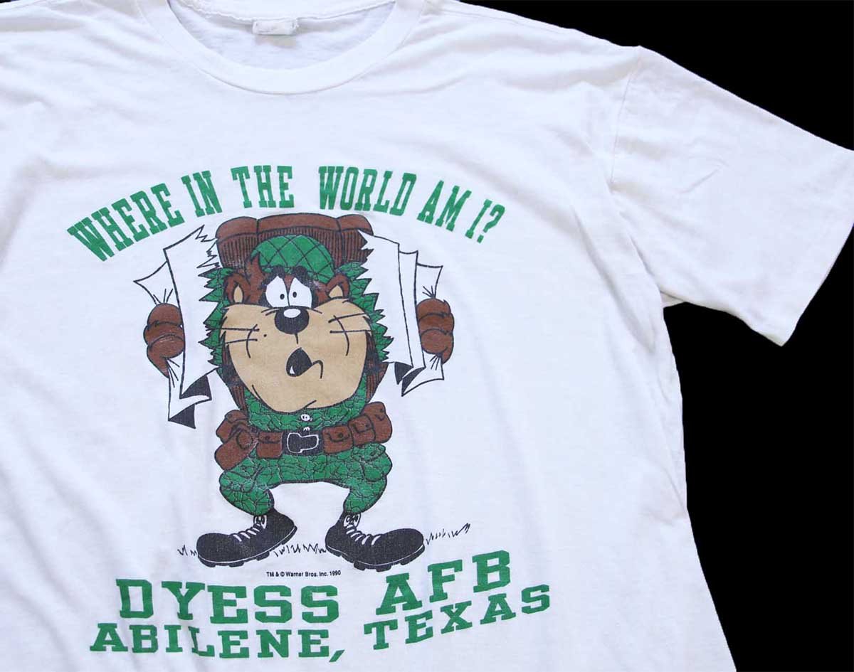 90s USA製 ARTEX WHERE IN THE WORLD AM I ? DYESS AFB ABILENE, TEXAS タズマニアンデビル Tシャツ 白 L【中古】