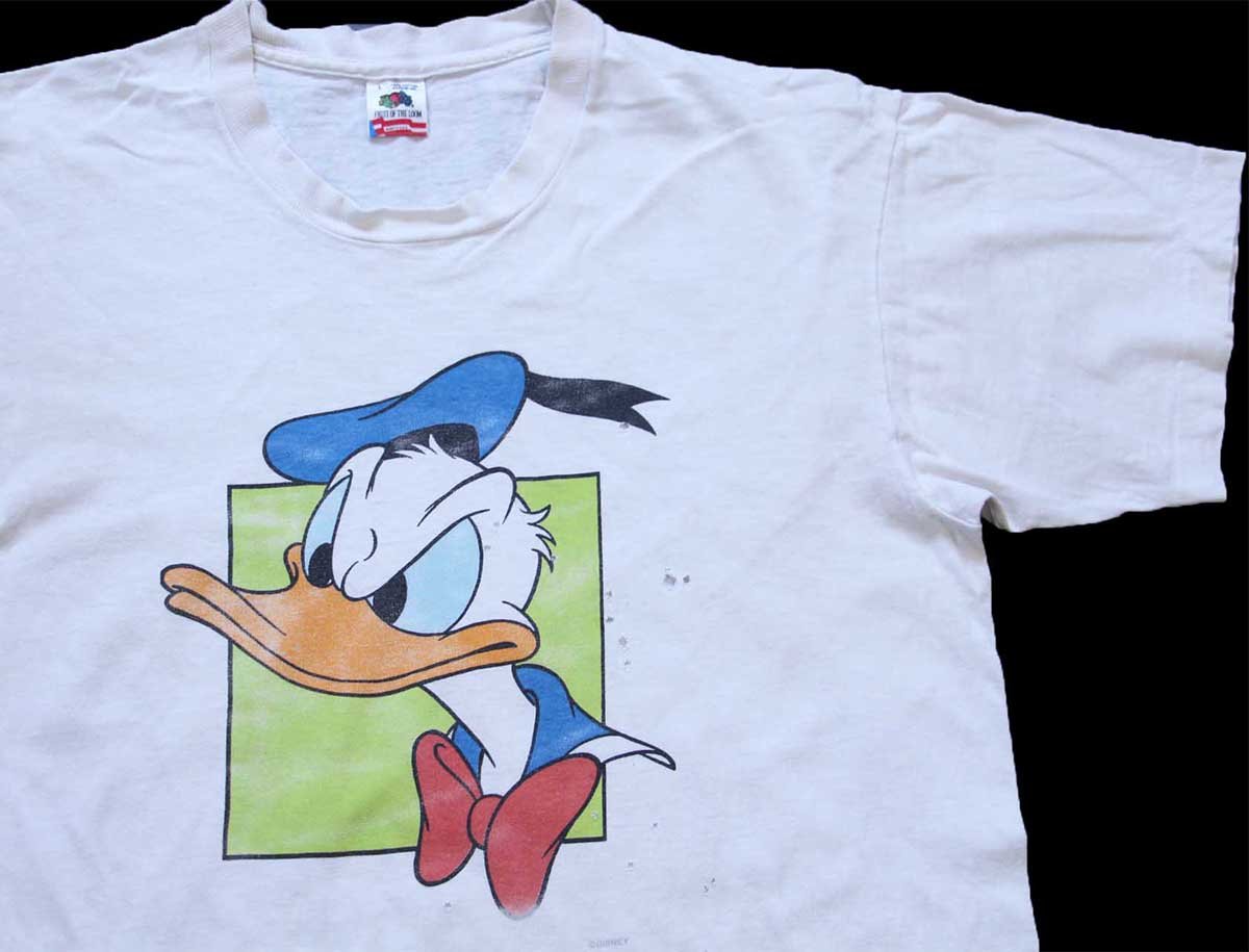 90s USA製 Disneyディズニー ドナルドダック コットンTシャツ ボロ 白 L【中古】