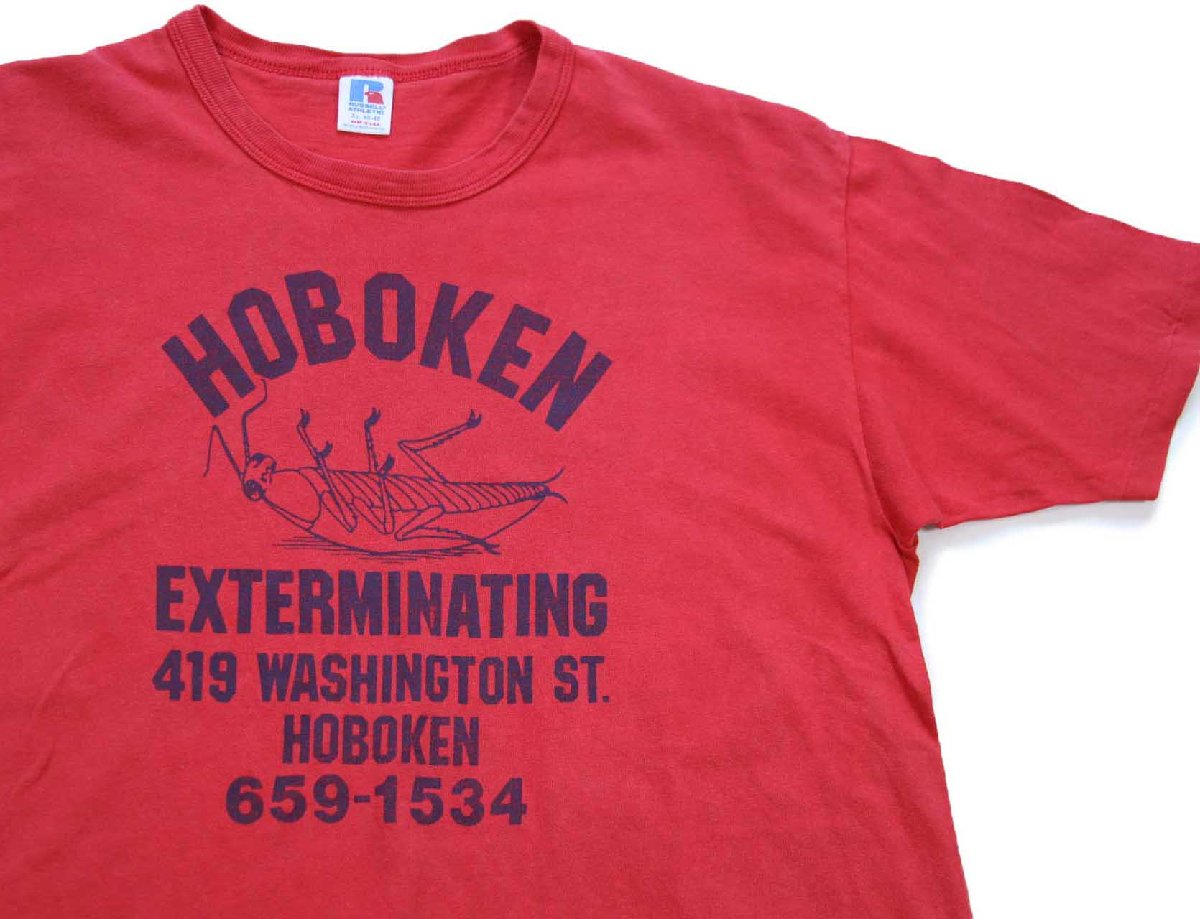 90s USA製 RUSSELLラッセル HOBOKEN EXTERMINATING コットンTシャツ 赤 フェード XL【中古】