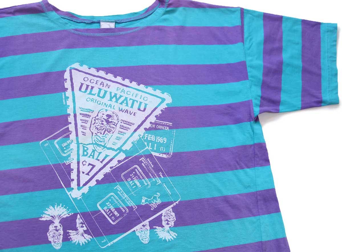 80s ポルトガル製 OP ocean pacific オーシャンパシフィック ULUWATU 太ボーダー ショート丈 Tシャツ 紫×青緑【中古】