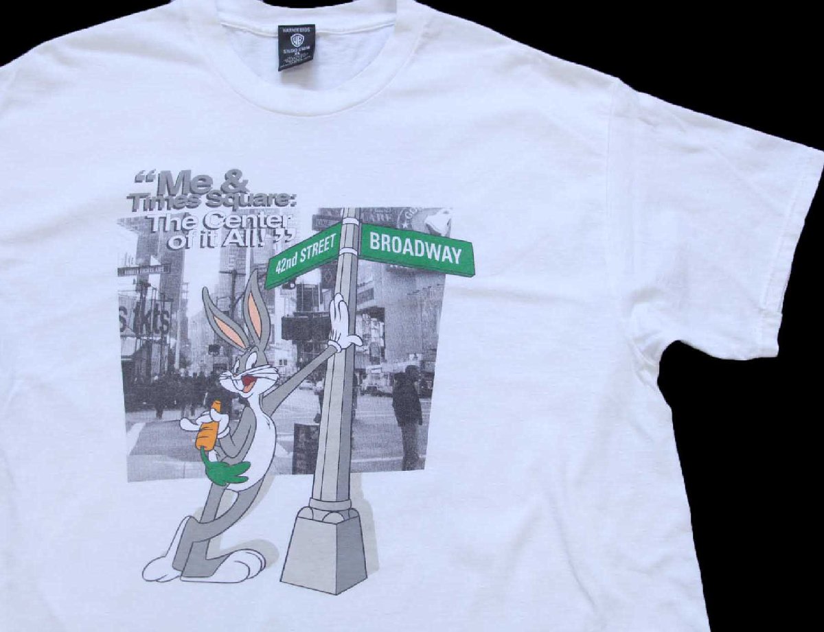 90s USA製 WARNER BROS LOONEY TUNES バッグスバニー タイムズスクエア フォトプリント コットンTシャツ 白 XL【中古】