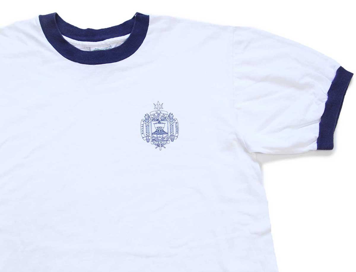 USA製 U.S.NAVAL ACADEMY ロゴ コットン リンガーTシャツ 白×ナス紺 M【中古】