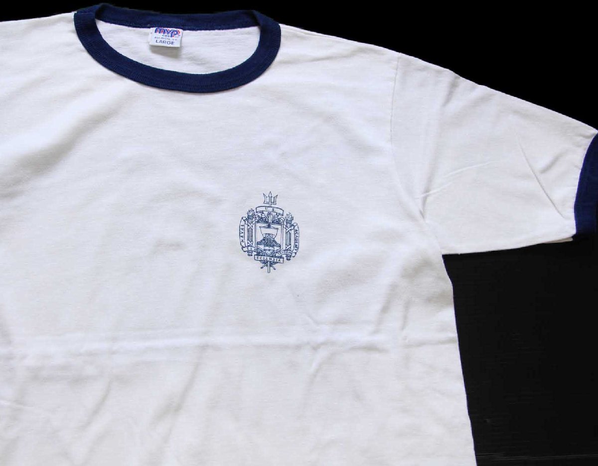90s USA製 MVP U.S.NAVAL ACADEMY ロゴ コットン リンガーTシャツ 白×紺 L【中古】