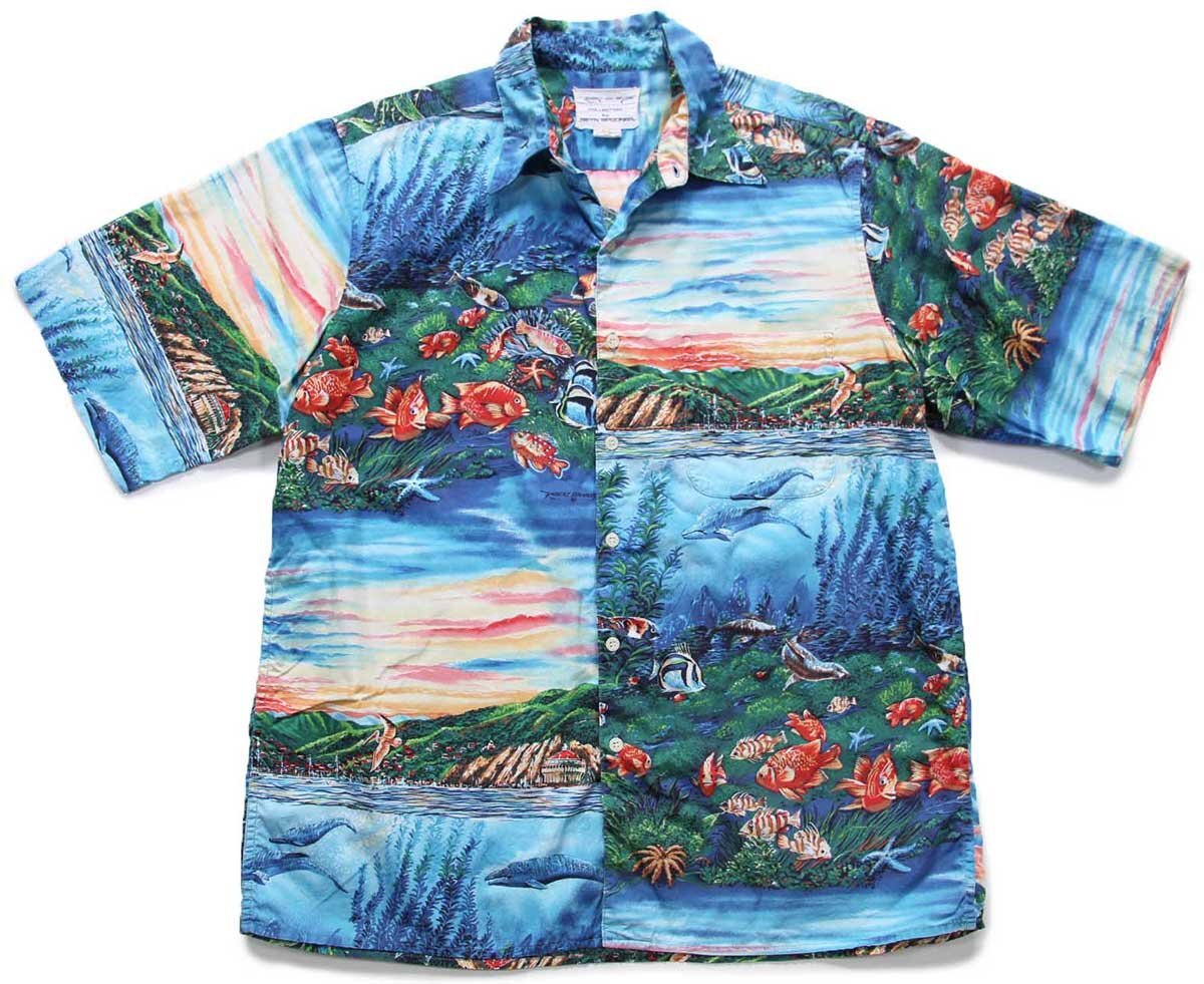 90s ハワイ製 ROBERT LYN NELSON COLLECTION by REYN SPOONER レインスプーナー 風景 アート コットン アロハシャツ M【中古】