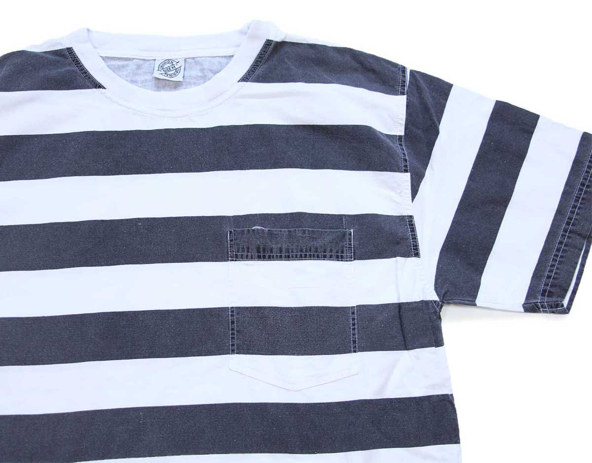 90s FASHION ORIGINAL 太ボーダー ポケット付き 半袖 コットン カットソー 白×黒【中古】