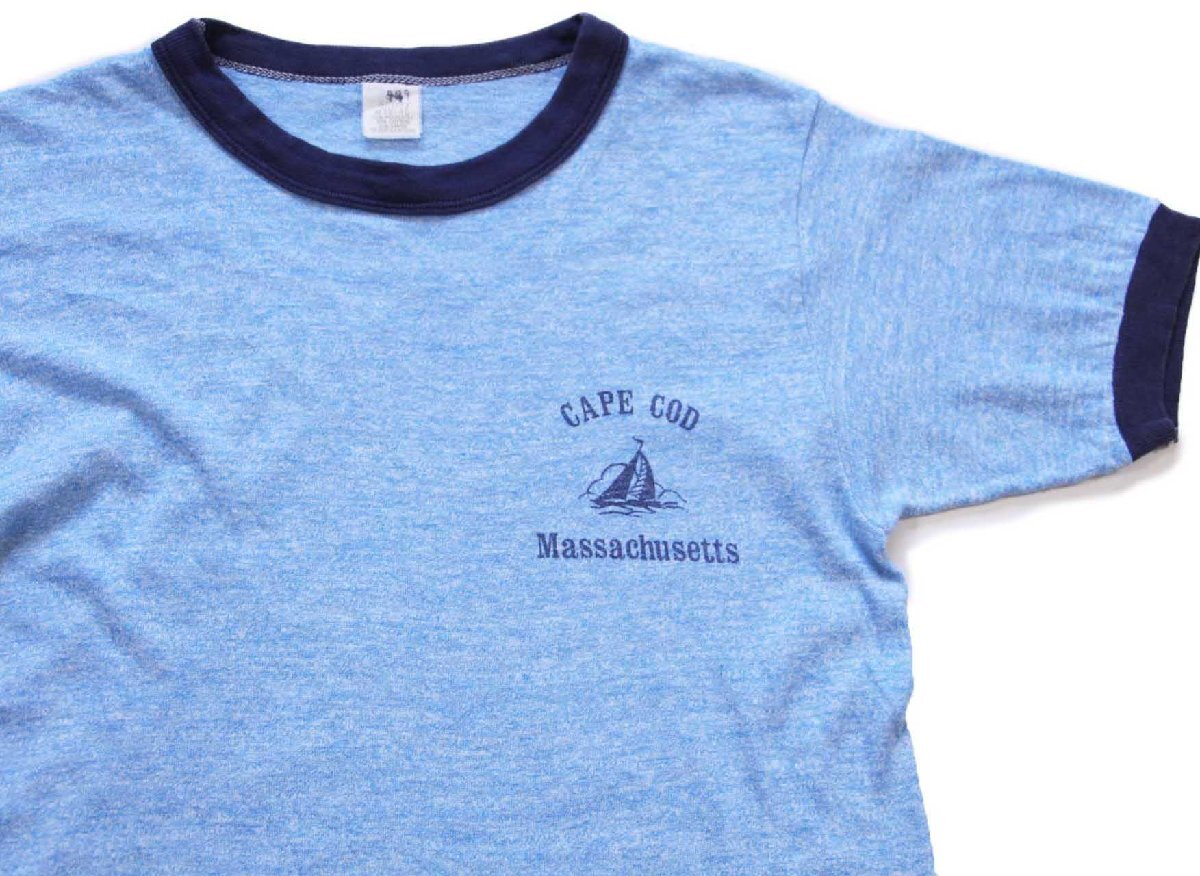 80s USA製 CAPE COD Massachusetts ヨット 染み込みプリント リンガーTシャツ 杢ブルー×紺 M【中古】