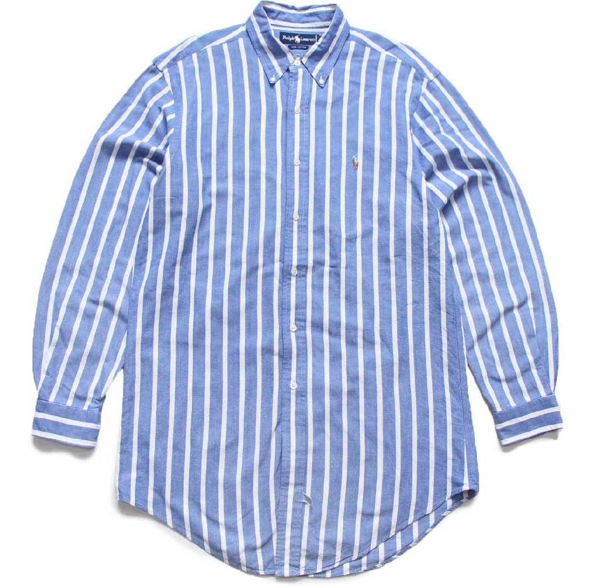 90s ラルフローレン ストライプ ボタンダウン オックスフォード コットンシャツ サックス×白 15.5-34【中古】