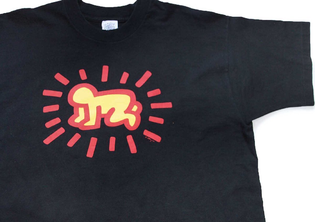 90s USA製 POP SHOP Keith Haring Icons キースへリング イコンズ アート 両面プリント コットンTシャツ 黒 XL【中古】