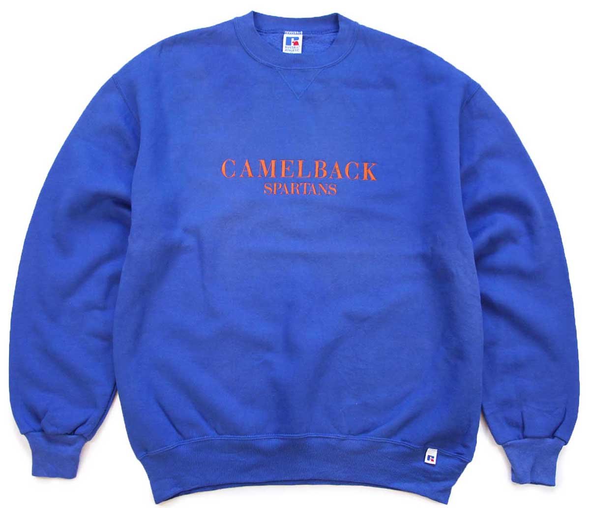 \u003cBR\u003e90s USA製 RUSSELLラッセル CAMELBACK SPARTANS 刺しゅう 前V 流汗 青 XL【中古】