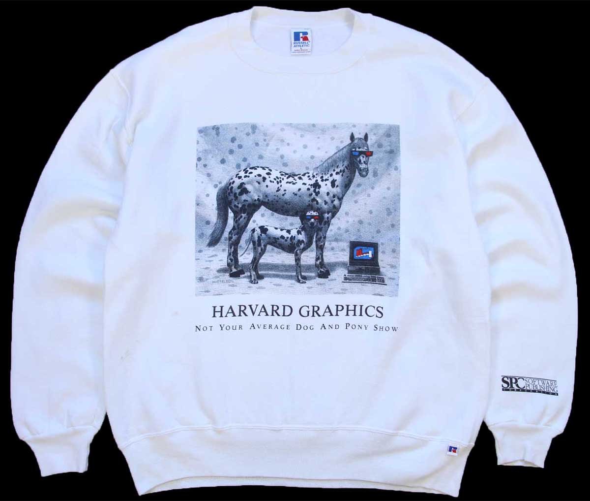 \u003cBR\u003e90s USA製 RUSSELLラッセル HARVARD GRAPHICS 美術 前V 流汗 白 L【中古】