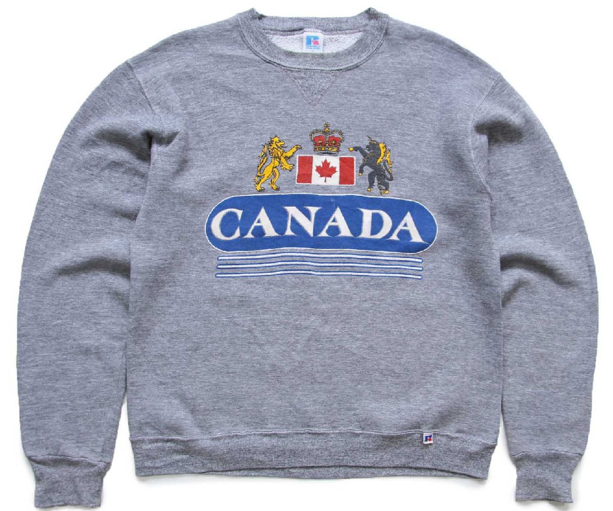 \u003cBR\u003e80s USA製 RUSSELLラッセル CANADA 胸章 軍旗 ひび割れる刷り上げる 前V 流汗 杢薄墨色 M【中古】