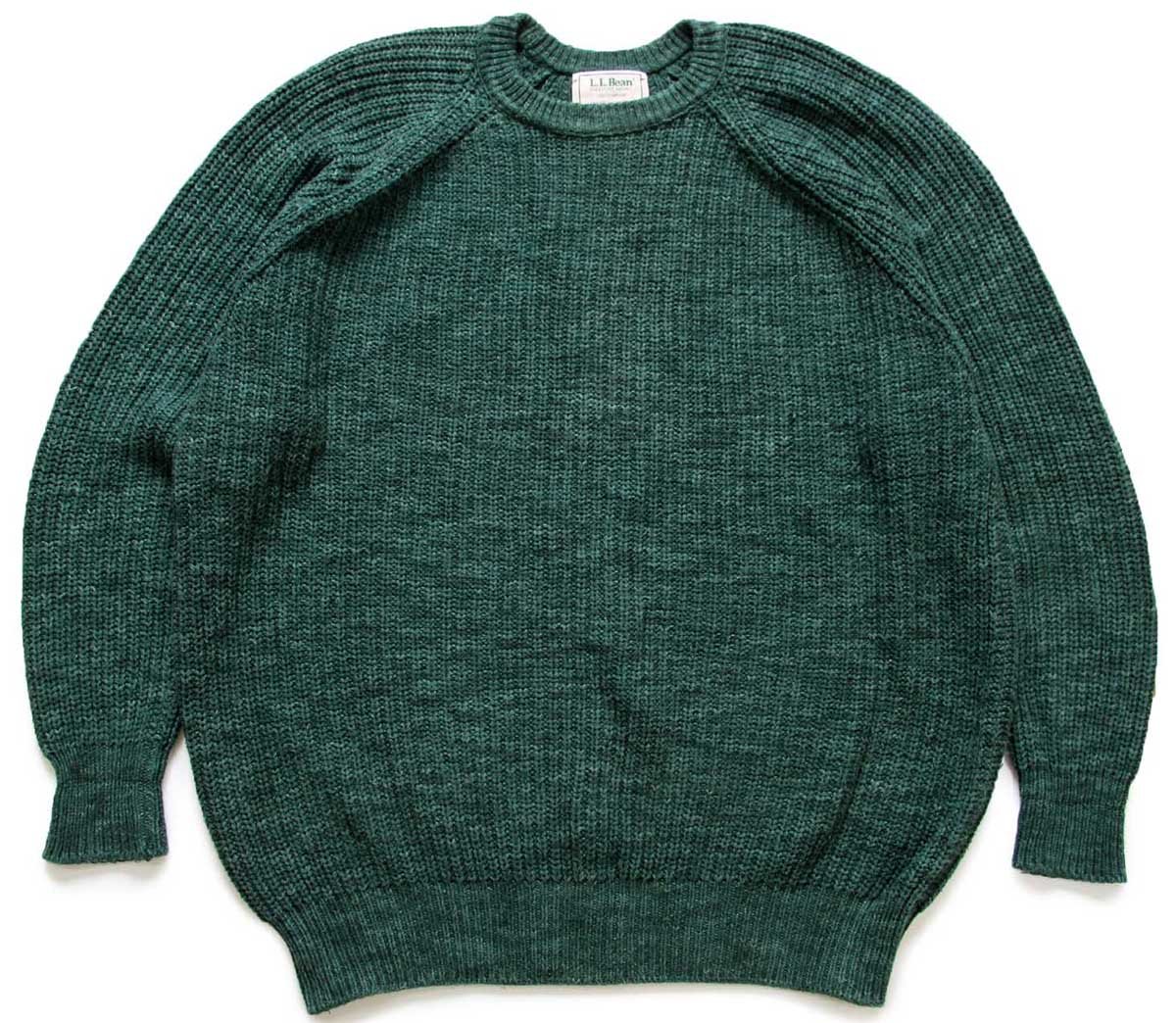 80s USA製 L.L.Bean 無地 ローゲージ コットンニット セーター 緑 XL【中古】