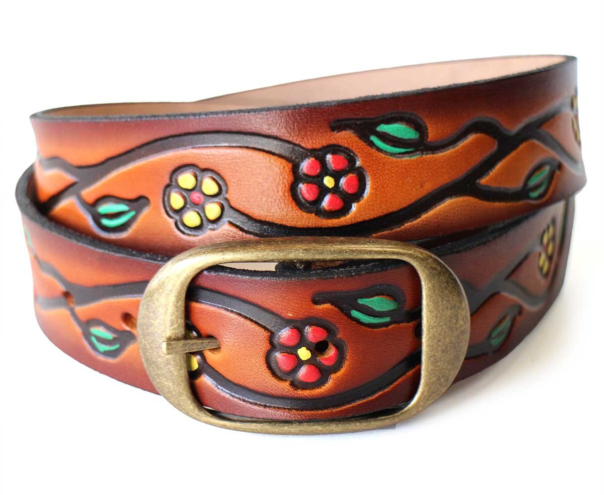 新品★USA製 BRACKNEY LEATHER WORKS 小花柄 型押し ペイント レザーベルト ブラウン 34