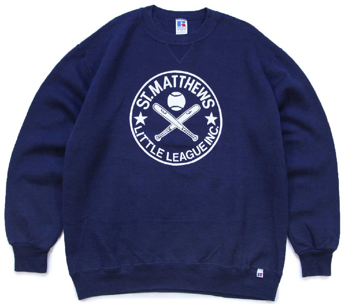 \u003cBR\u003e90s USA製 RUSSELLラッセル ST.MATITHEWS LITTLE LEAGUE INC. 野球 前V 流汗 紺 XL【中古】
