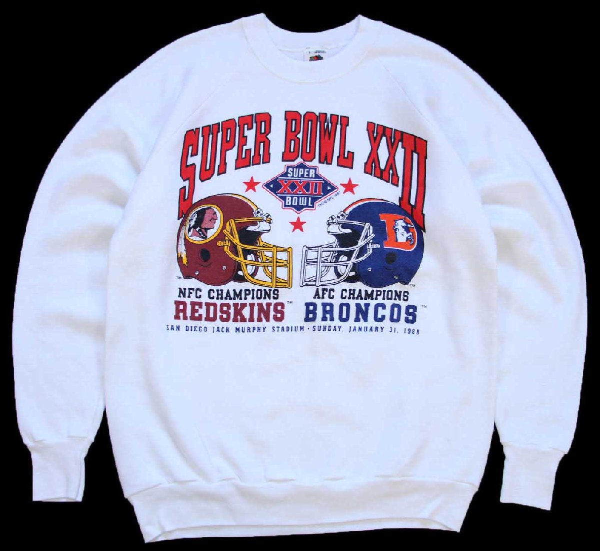 \u003cBR\u003e80s USA製 SUPER BOWL XXII NFL REDSKINS BRONCOS 鎧球 流汗 白 L【中古】