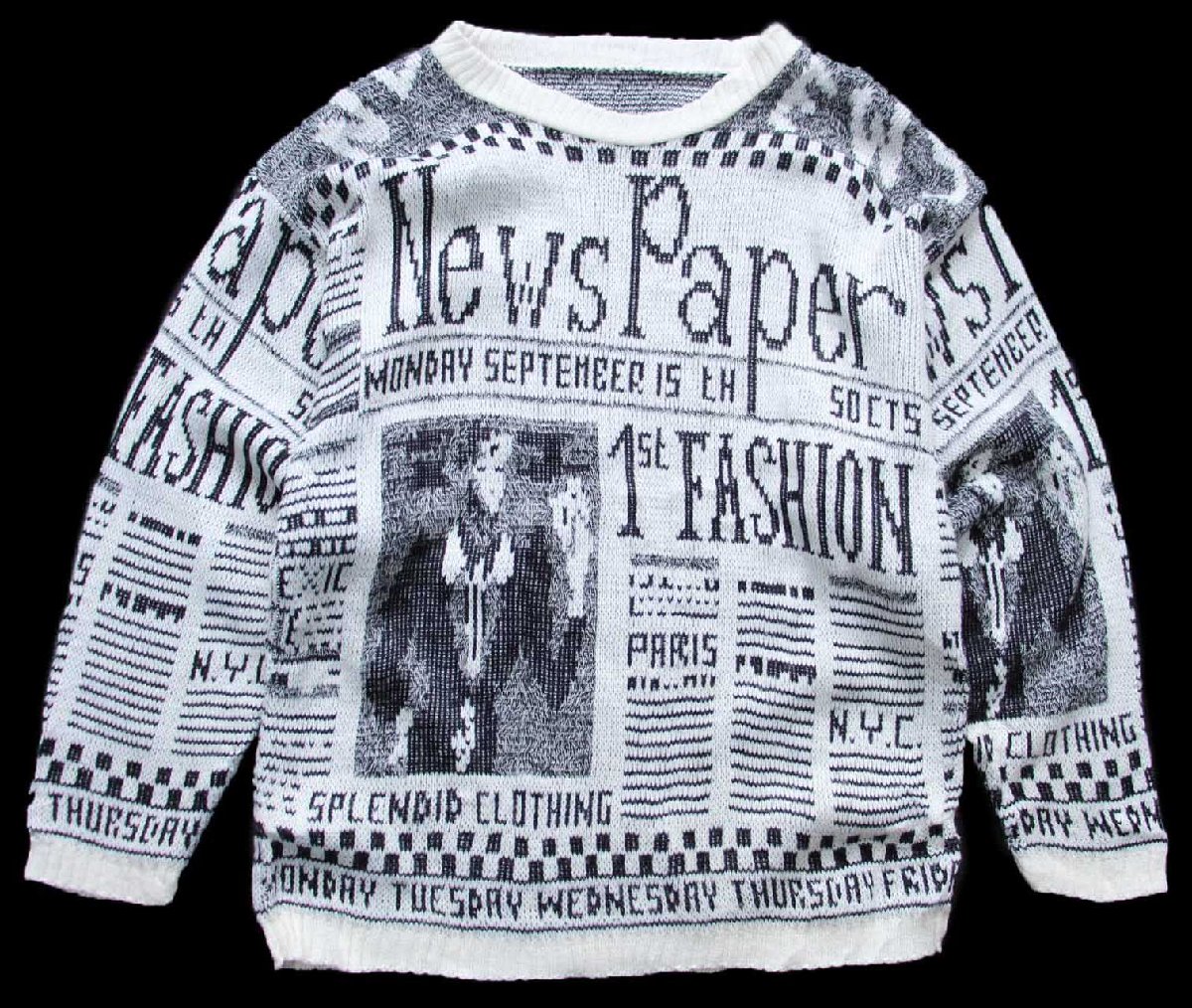 \u003cBR\u003e80s USA製 NewsPaper ジャ差し固める アクリル繊維編み物 スウェーター 白×黒【中古】