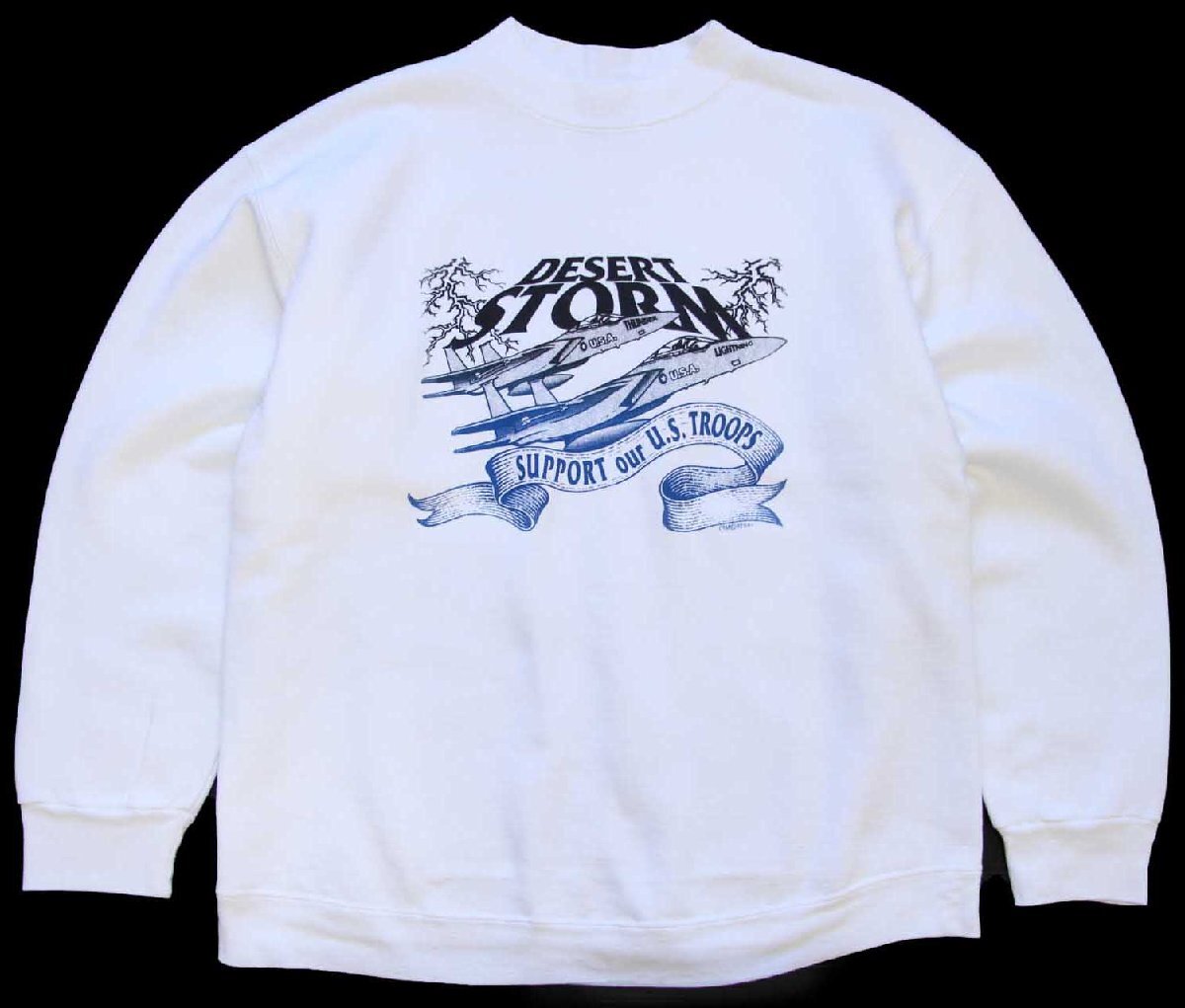\u003cBR\u003e90s USA製 DESERT STORM SUPPORT our U.S.TROOPS THUNDER LIGHTNING せめぎ合う機 流汗 白 L【中古】