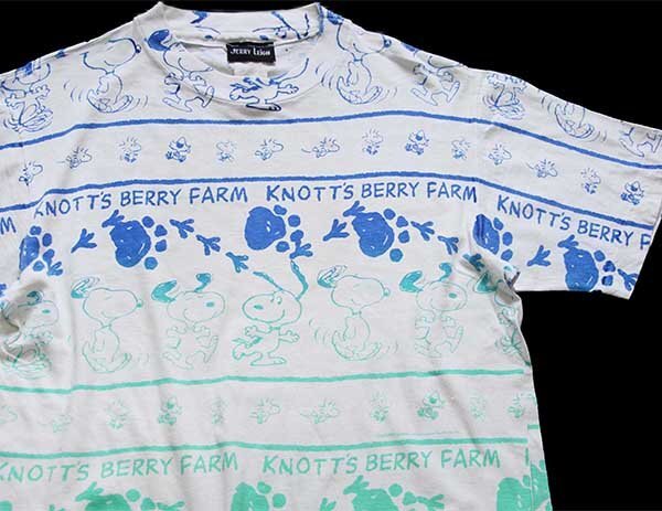 90s KNOTT'S BERRY FARM スヌーピー ウッドストック オールオーバープリント コットンTシャツ 白 【中古】