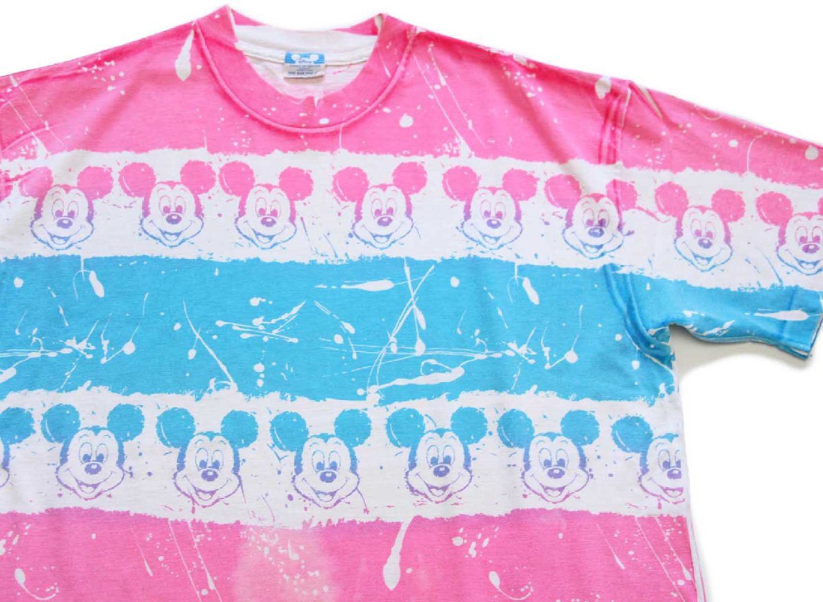 80s USA製 ミッキー マウス グラデーション アート 蛍光 オールオーバープリント コットンTシャツ【中古】