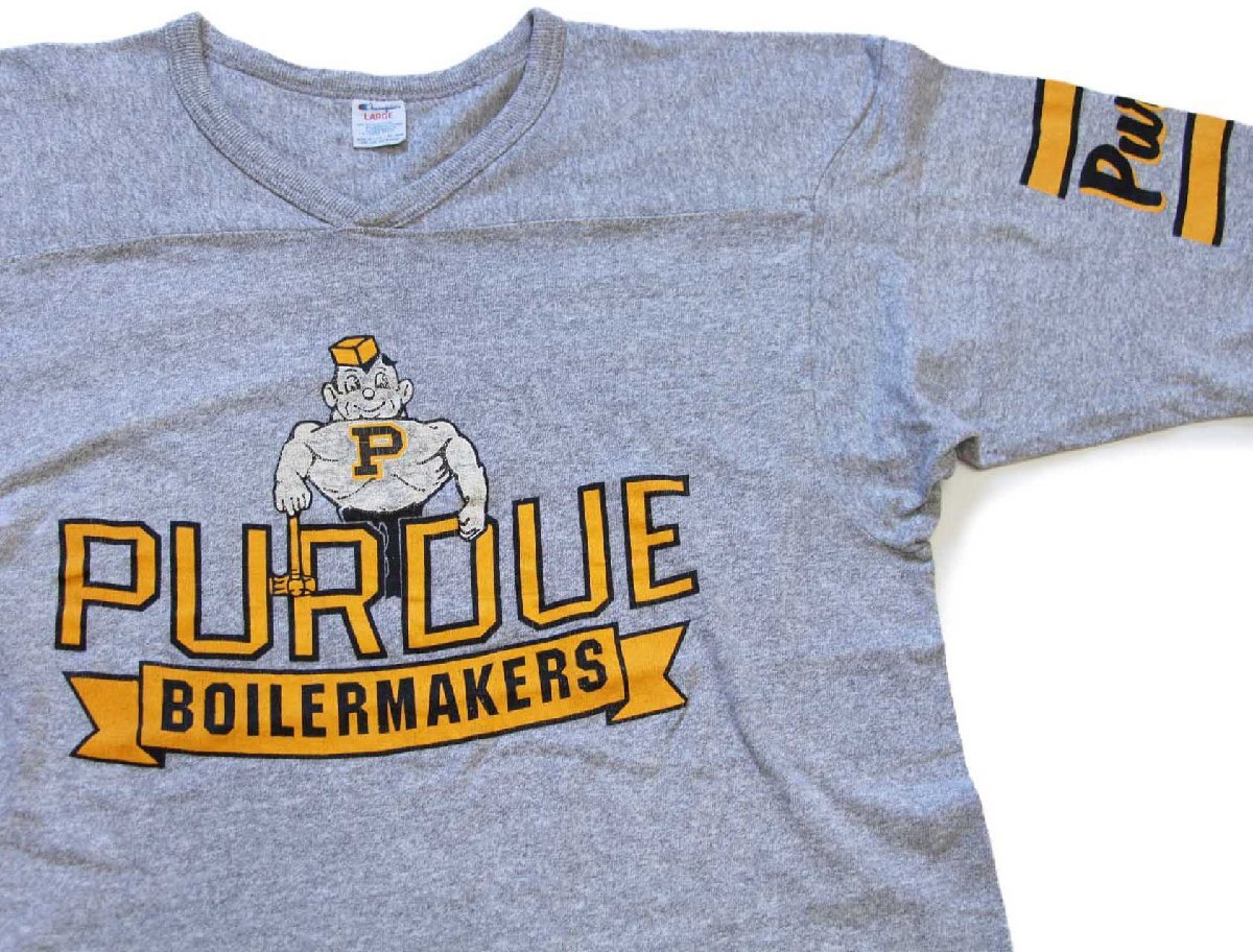 80s USA製 Championチャンピオン PURDUE BOILERMAKERS マスコット 88/12 フットボールTシャツ 杢グレー L 【中古】