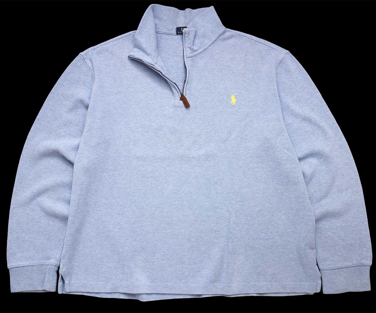 ポロ ラルフローレン ワンポイント ハイネック ハーフジップ コットン ニット スウェット 水色 L【中古】