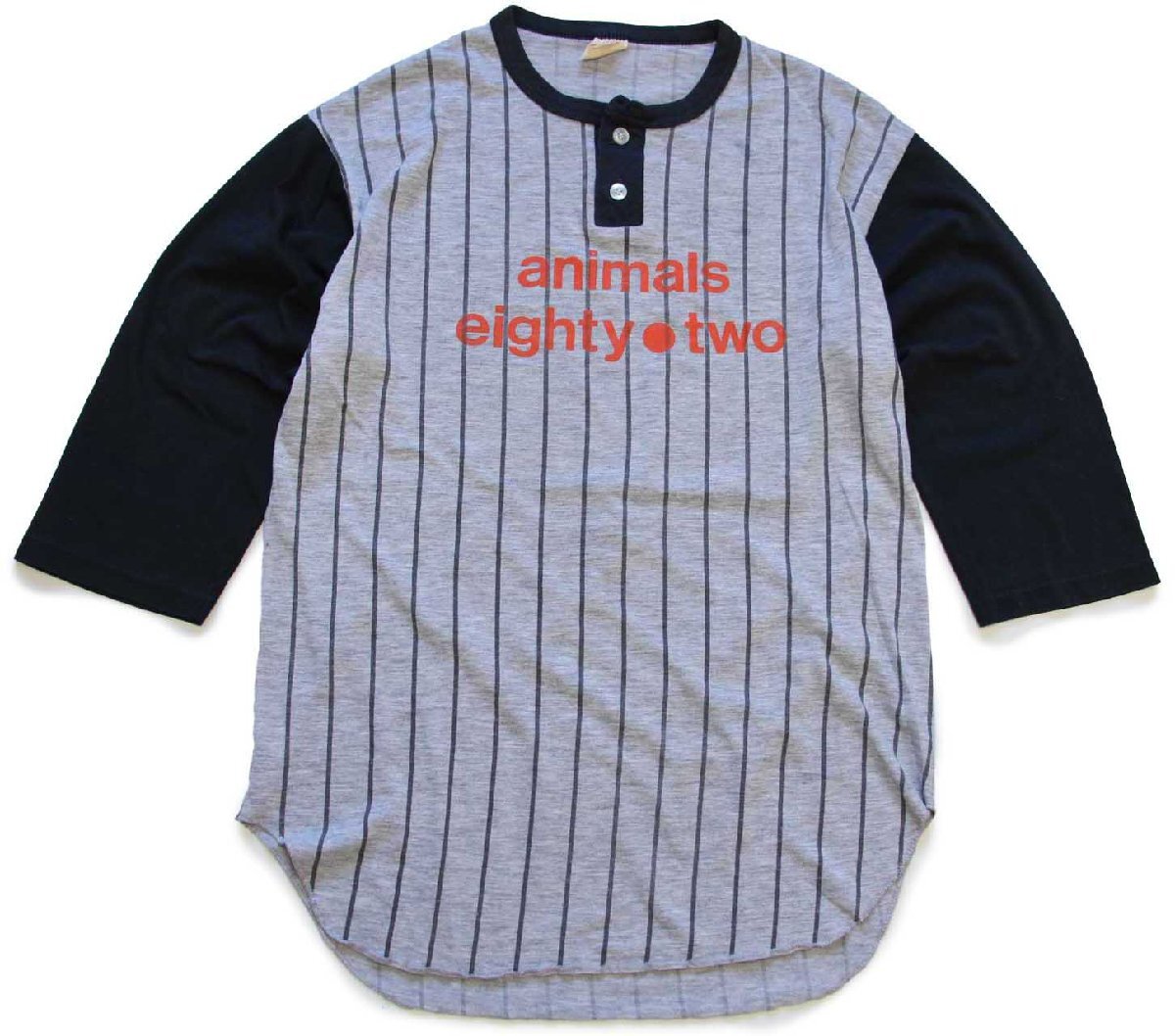80s animals eighty two ストライプ ツートン ヘンリーネック 七分袖Tシャツ 杢グレー×黒 L 【中古】