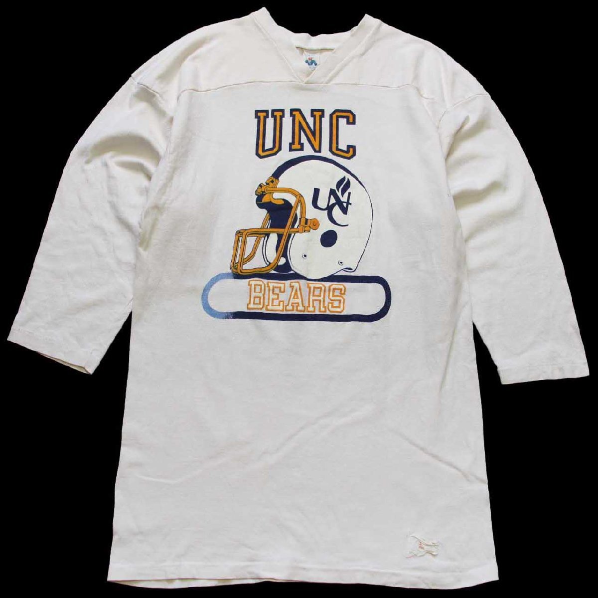 80s USA製 UNC BEARS アメフト Vネック コットン フットボールTシャツ 生成り L【中古】